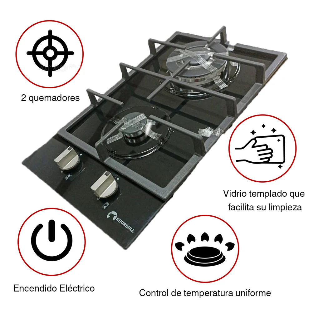 🔥 Parrilla Estufa 2 Quemadores Shorbull vidrio templado