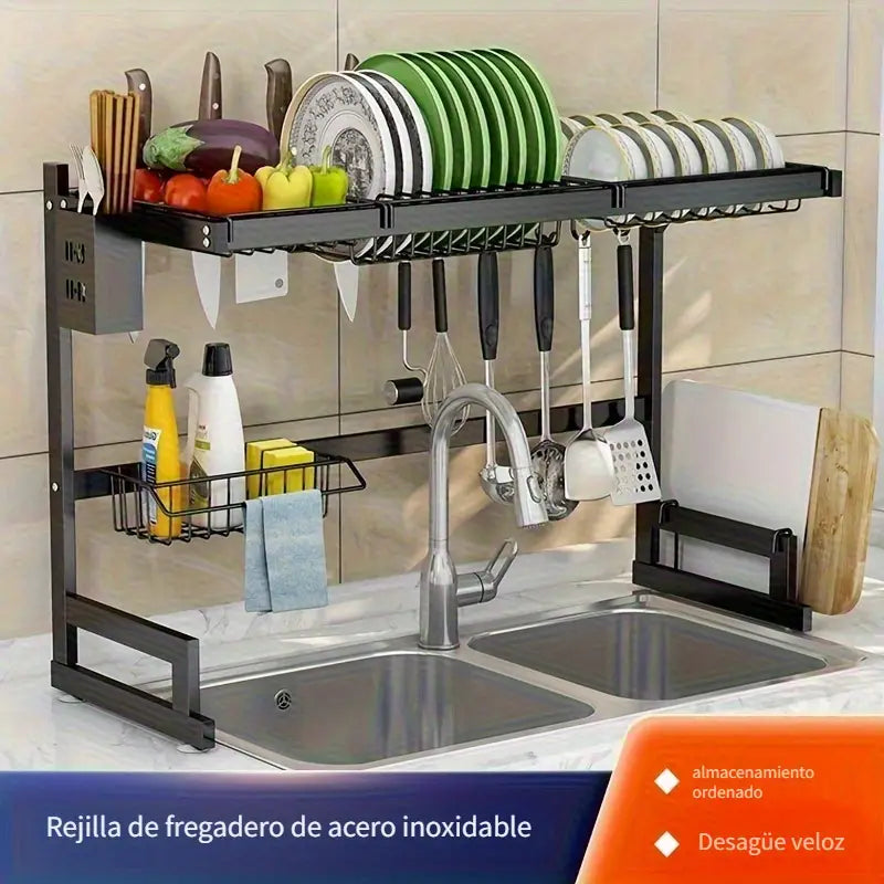 Estante de Cocina de Dos Niveles – Escurridor Elegante y Multifuncional de Acero Inoxidable